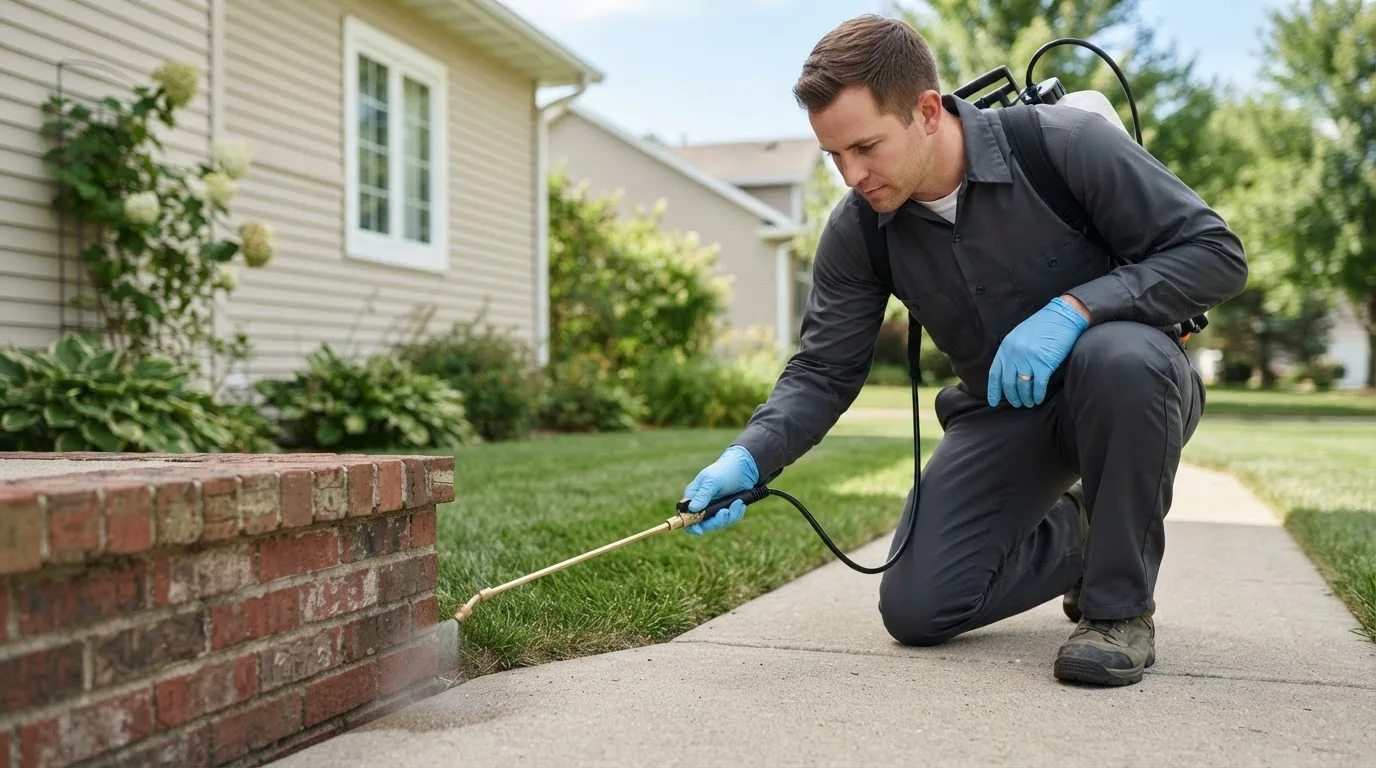 Pest control technician treating a home near Columbia Falls, ME