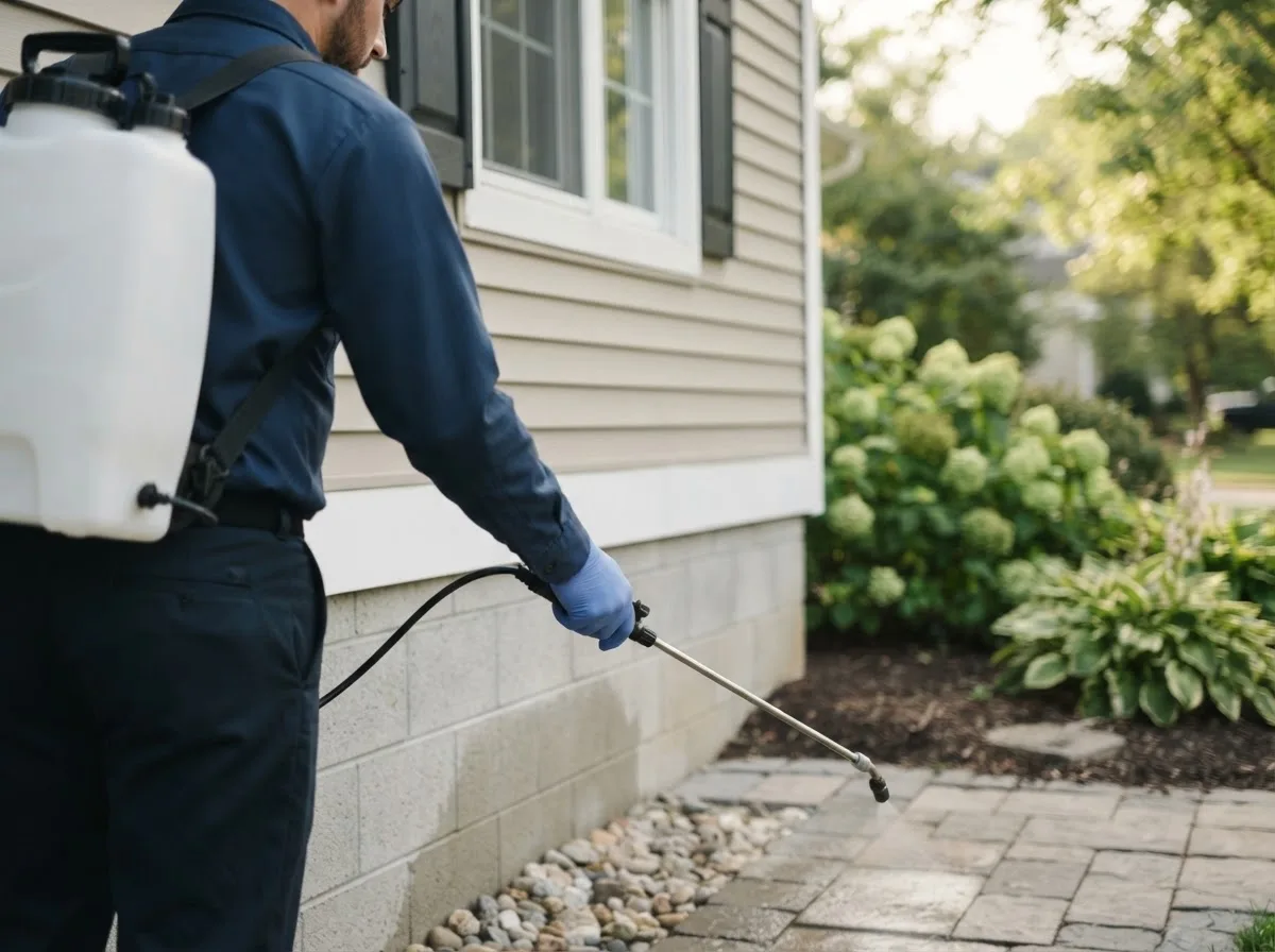 Pest control technician inspecting a home in Columbia Falls, ME